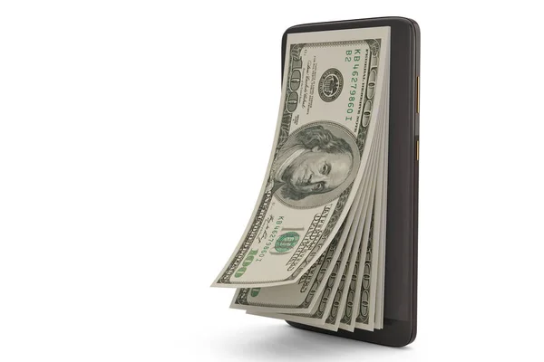 Chytrý telefon s peníze koncept dollars.3d obrázek. — Stock fotografie