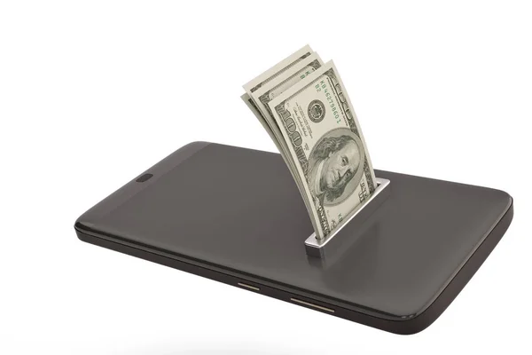 Chytrý telefon s peníze koncept dollars.3d obrázek. — Stock fotografie