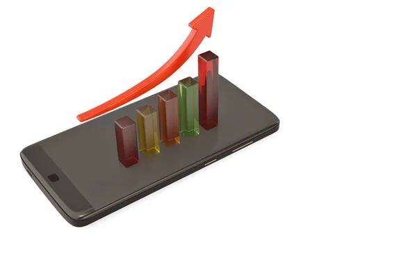 Um gráfico de negócios com seta ascendente e smartphone.3D illustratio — Fotografia de Stock