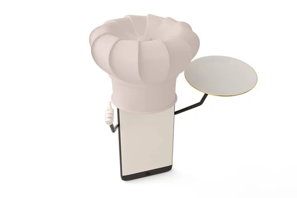 Caractère dessin animé du cuisinier smartphone et de la vaisselle Illustration 3D . — Photo