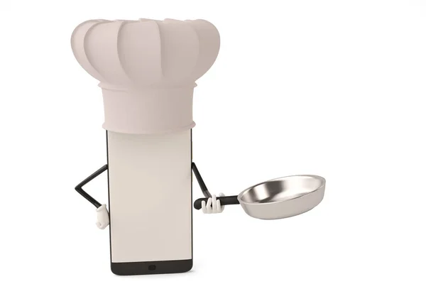 Caractère dessin animé de cuisinier smartphone et pot.Illustration 3D . — Photo