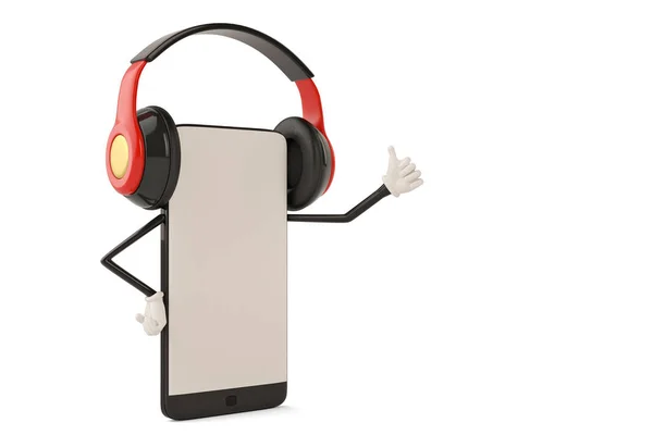 Rajzfilmfigura, smartphone és headphone.3d szemléltetése. — Stock Fotó