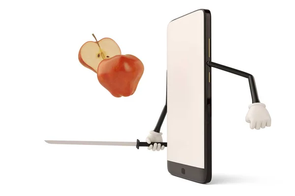 智能手机与剑切割苹果. 3 d 例证. — 图库照片