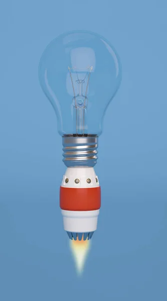 Creative 3D illustration rocket and bulb on blue background. — Stock Photo, Image