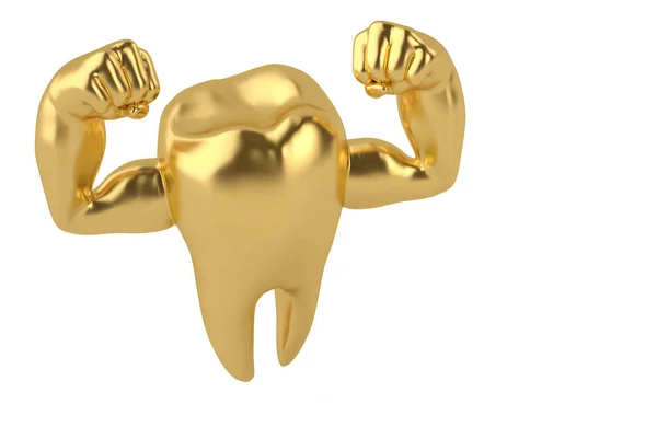 Muscle hands on gold tooth strong healthy tooth 3D illustration — Stock Photo, Image
