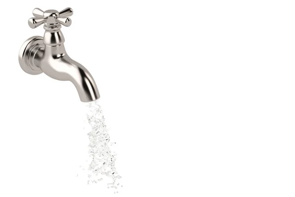 Grifo de cromo con un chorro de agua aislado en blanco 3d ilustración —  Fotos de Stock