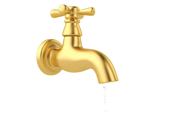 Gold tap with a water stream isolated on white 3d illustration. — Stock Photo, Image