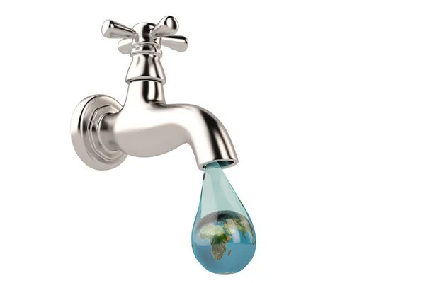 Krom air keran dengan globe bumi sebagai drop pada latar belakang putih — Stok Foto