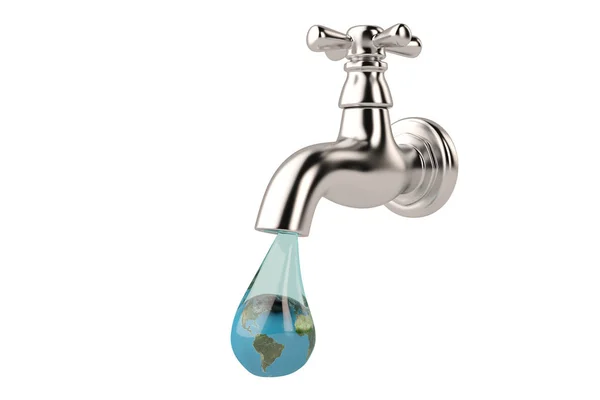 Chrome water tap with earth globe as drop on a white background — Stock Photo, Image