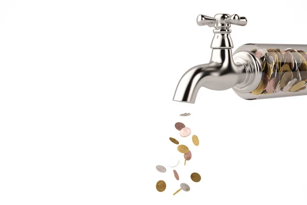 Monete cadono dal rubinetto isolato su sfondo bianco 3d illustrare — Foto Stock