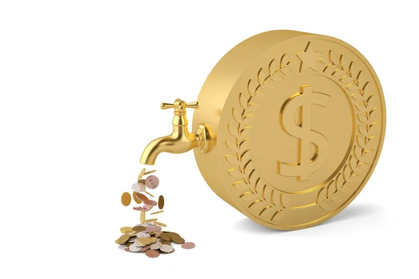 Le monete cadono dal rubinetto e la grande moneta isolata sul backgroun bianco — Foto Stock