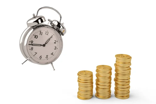 Alarm clock and gold coin stacks on white background 3D illustra — Stock Photo, Image