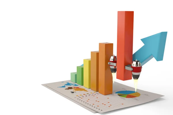 Gráfico de gráfico de barras de sucesso financeiro crescente motor a jato up.3D illus — Fotografia de Stock