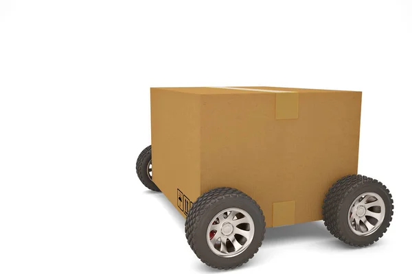 Caixa de papelão com rodas de transporte concept.3D ilustração — Fotografia de Stock