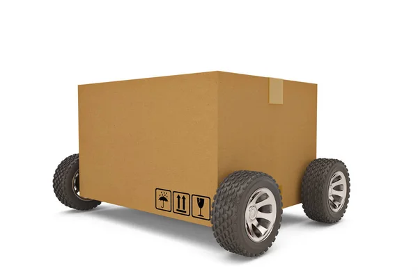 Cardboard box with wheels shipping concept.3D illustration — Stock Photo, Image