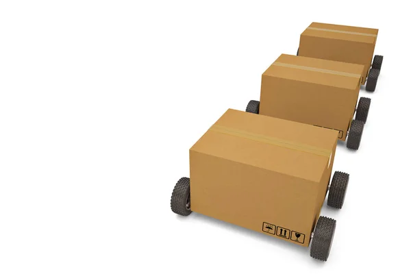 Cardboard box with wheels shipping concept.3D illustration — Stock Photo, Image