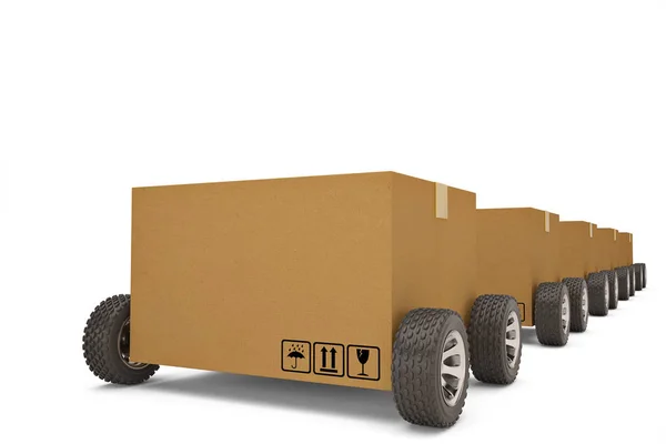 Cardboard box with wheels shipping concept.3D illustration — Stock Photo, Image