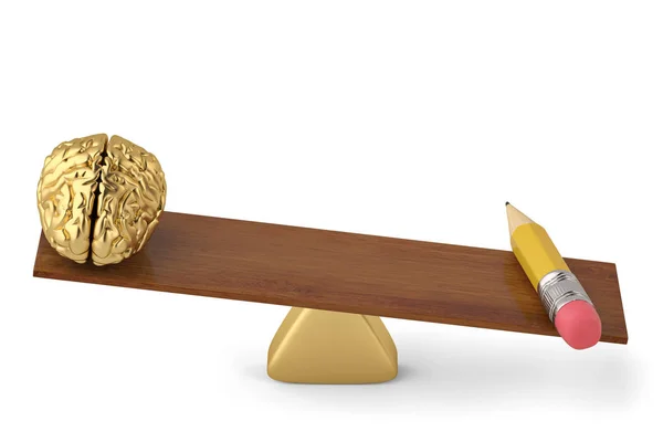 Guld hjärnan och stora penna på trä gungbräda 3d bilden — Stockfoto