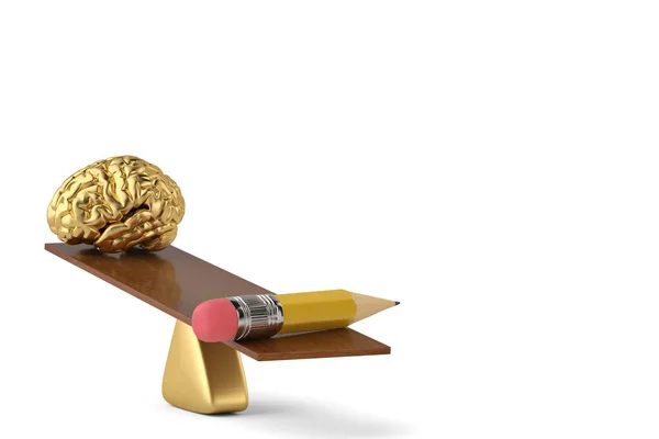 Cerebro dorado y lápiz grande en el balancín de madera Ilustración 3D —  Fotos de Stock