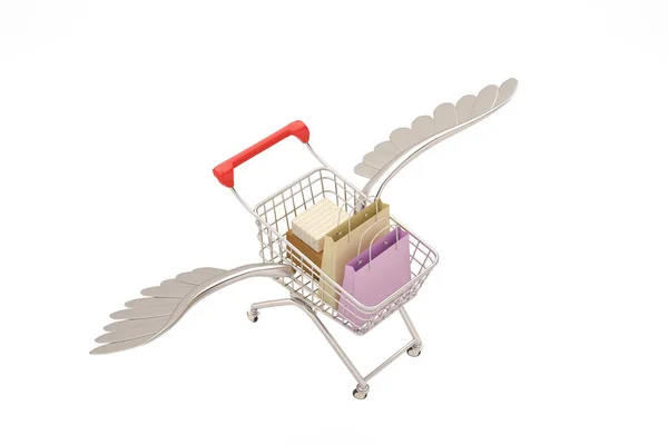 Alışveriş online alışveriş sepetlerini whit üzerinde izole uçan kavramı — Stok fotoğraf