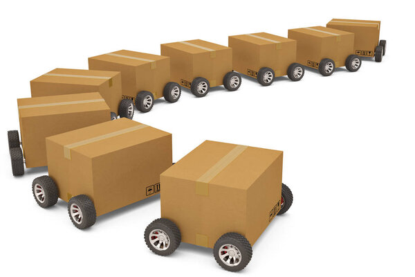 Cardboard box with wheels shipping concept 3d illustration.