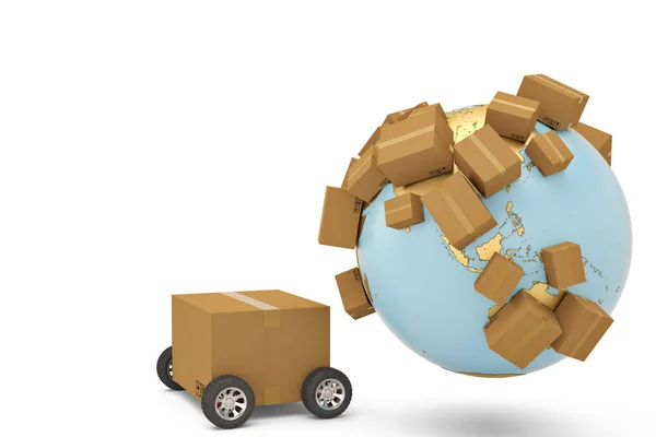 Концепция доставки по всему миру картон с колесами и золотой глобус 3d — стоковое фото