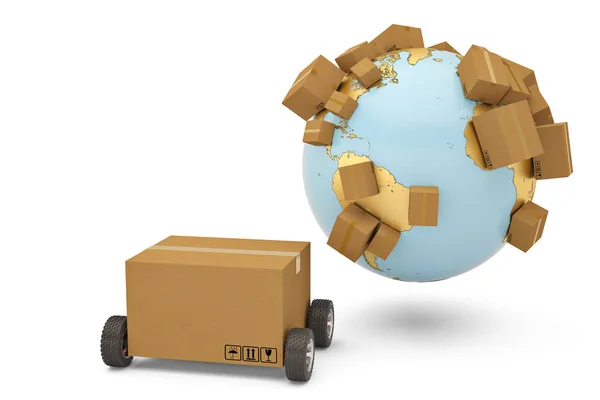 Worldwide shipping concept carton with wheels and gold globe 3d — Stock Photo, Image