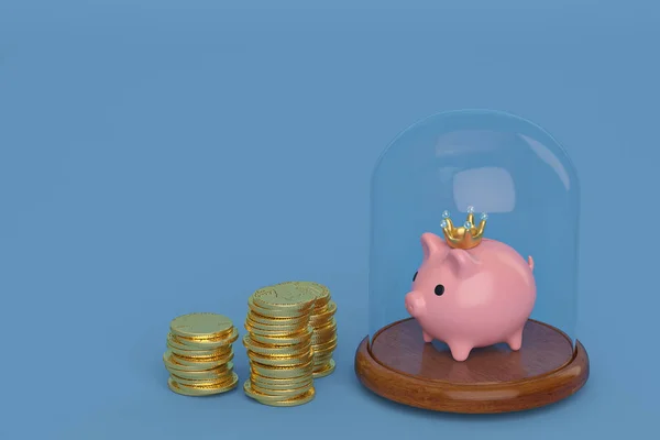 Pilhas de moedas de ouro e banco porquinho com sino de vidro no backgrou azul — Fotografia de Stock
