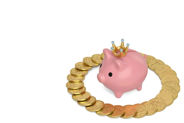 黄金硬币围绕粉红色的小猪银行在白色背景. 3 d 说明 — 图库照片