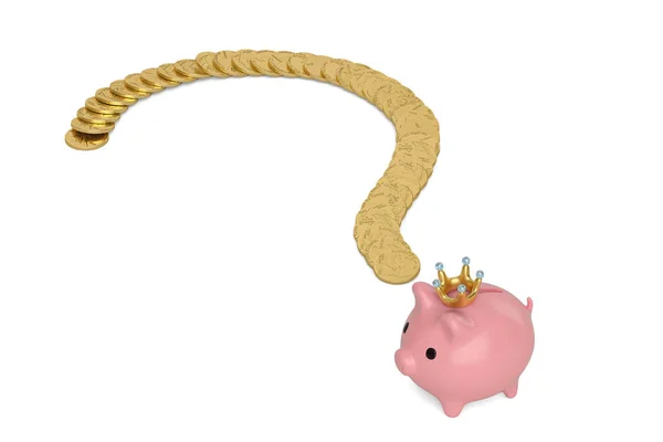 Gouden munten en roze spaarvarken componeren groot vraagteken op whit — Stockfoto