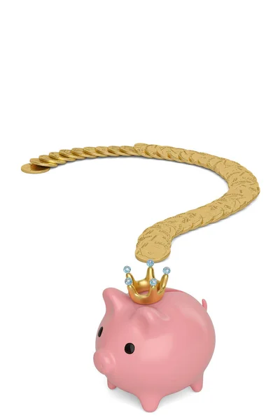 As moedas de ouro e o banco piggy rosa compõem o grande ponto de interrogação no whit — Fotografia de Stock