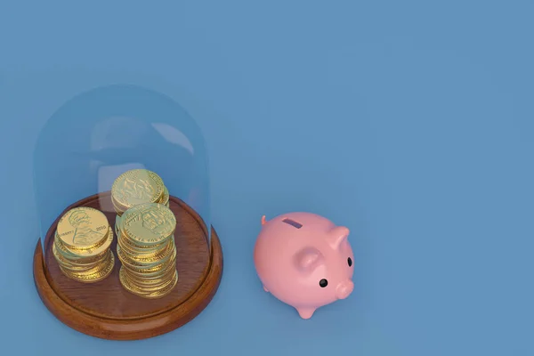 Altın para yığınları ve mavi backgrou cam çan ile piggy banka — Stok fotoğraf