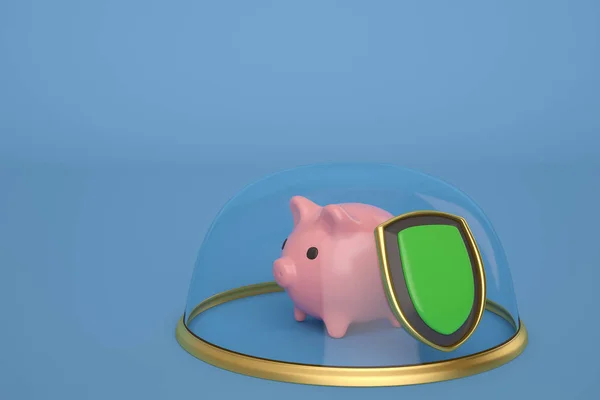 Piggy banco em sino de vidro com base de ouro no fundo azul. — Fotografia de Stock