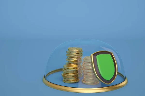 Gold coin stacks in glass bell with gold base on blue background