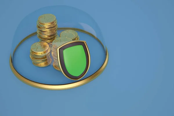 Стійки золотих монет у скляному дзвіночку із золотою основою на синьому фоні — стокове фото