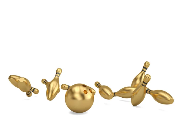 Χρυσό μπάλα μπόουλινγκ και διάσπαρτα skittle.3d εικονογράφηση. — Φωτογραφία Αρχείου