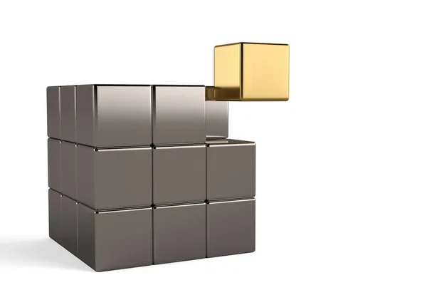 Cubo d'oro e cubi d'acciaio su sfondo bianco.Illustrazione 3D . — Foto Stock