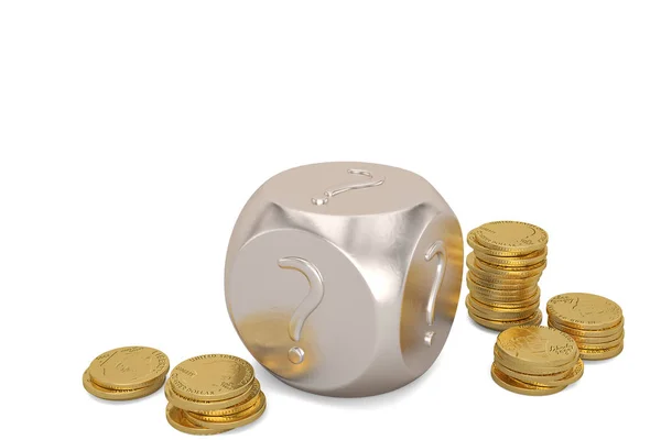 Het vraagteken op de dobbelstenen van de zilveren en gouden munten stacks.3d afb — Stockfoto