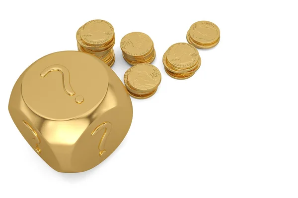 Het vraagteken op gouden dobbelstenen en gouden munten stacks.3d illustrat — Stockfoto