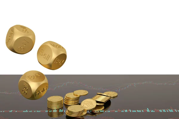 Stock-Konzept Würfel und Münzen auf Lager Chart.3d Illustration. — Stockbild Stock-Konzept Würfel und Münzen auf Lager Chart.3d Illustration. — Stockfoto