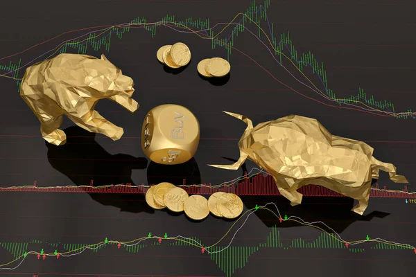Stock concept gold Bear and bull with dices on stock chart.3D il — Stock Photo, Image