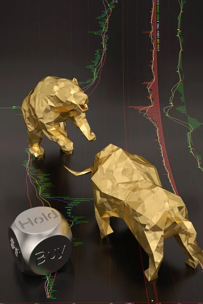 Stock concept gold Bear and bull with dices on stock chart.3D il — Stock Photo, Image