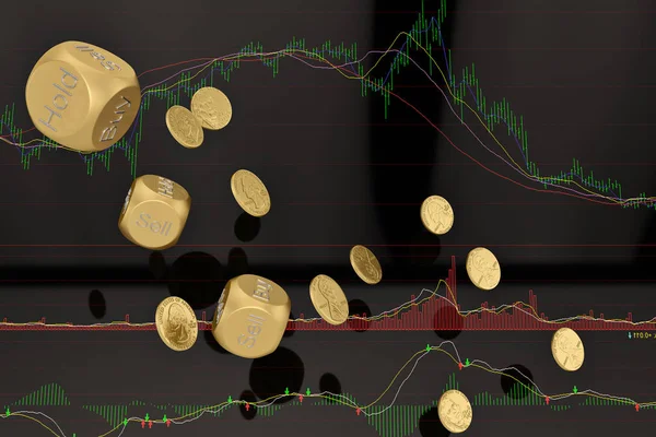 Stock konceptet tärningar och mynt på lager chart.3d illustration. — Stockfoto