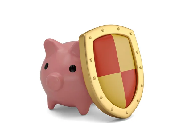 Gouden schild en piggy bank op witte background.3d afbeelding. — Stockfoto