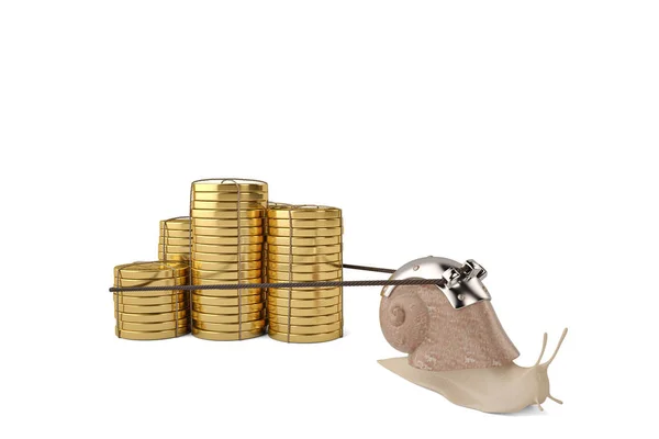 Creatieve slak trekken gouden munten stacks.3d afbeelding. — Stockfoto