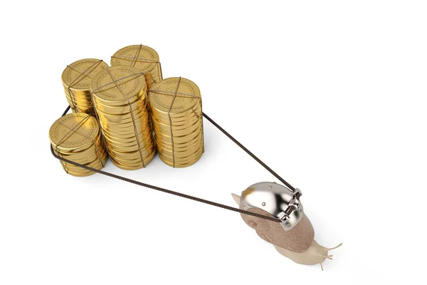 Caracol creativo tirando de monedas de oro stacks.3D ilustración . — Foto de Stock