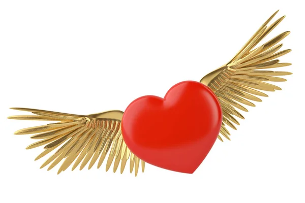 Gouden vleugels en rood hart 3d illustratie. — Stockfoto