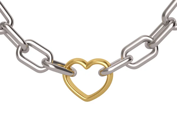 Silver chain with gold heart links on white background.3D illust — Stock Photo, Image