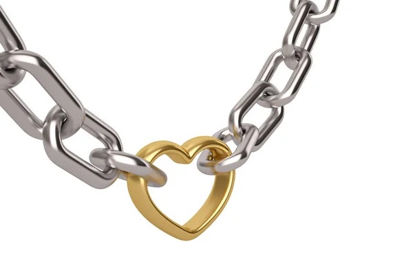 Cadena de plata con eslabones de corazón de oro sobre fondo blanco. Ilustración 3D — Foto de Stock