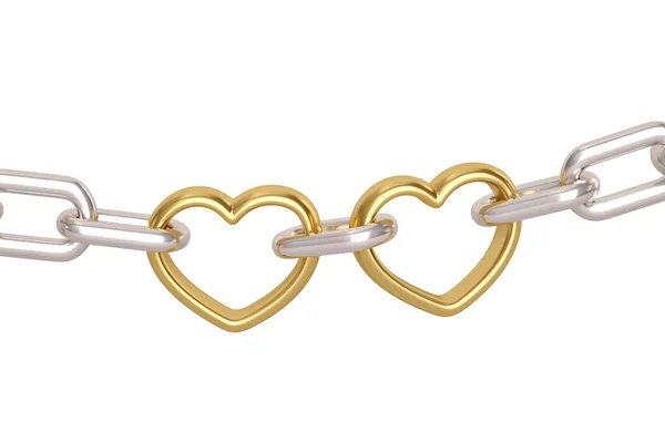 Silver chain with two gold heart links on white background.3D il — Stock Photo, Image